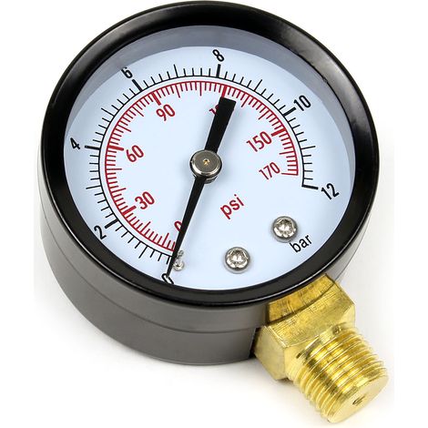 Wiltec Druckanzeige für Druckbehälter, 32 x 55 x 70 mm, Manometer radial DN8 (1/4") 12,9 mm, 0-12 bar (0-170 PSI), Durchmesser 50 mm, für Hauswasserwerk, Membranpumpe
