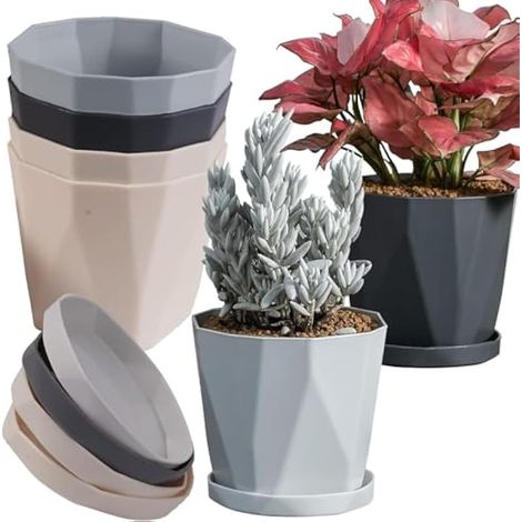 Lot de 6 pots en plastique 13 cm, épais, anti-chignon, style nordique, avec soucoupe pour fleurs, herbes, succulentes, cactus (3 couleurs)
