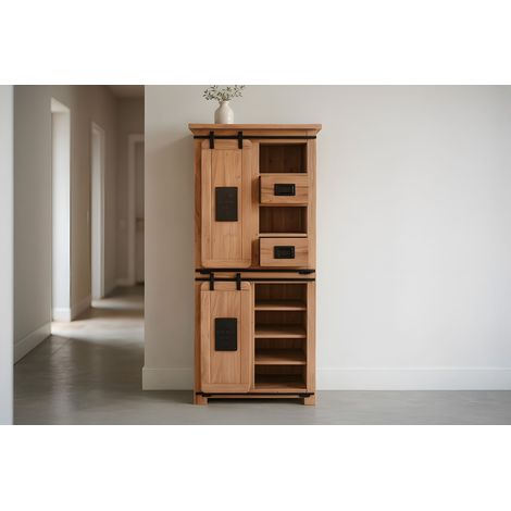 Highboard Vitrine Akazie massiv naturfarben 80 x 45 x 175 cm LIBRO (1/5)