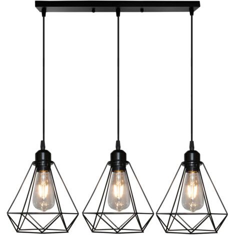 royaluxe- Suspension Luminaire Antiques À 3 Lumières Lampes À Suspension Industrielles E27 Lustre Rétro En Métal Et Fer Plafonnier Vintage En Diamant Noir 20CM (1/5)