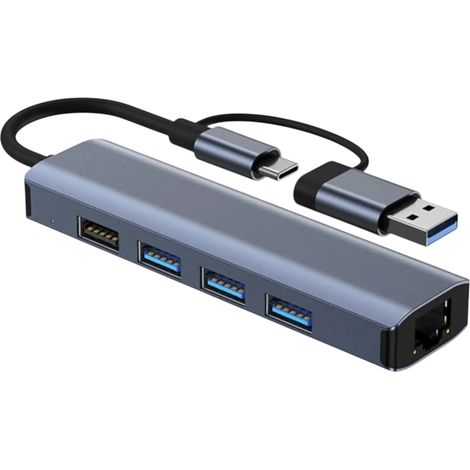 Hub USB BYL-2208 5 em 2 USB 3.0+Tipo C/RJ45 (Gigabit)+USB 3.0+2.0 Cinza