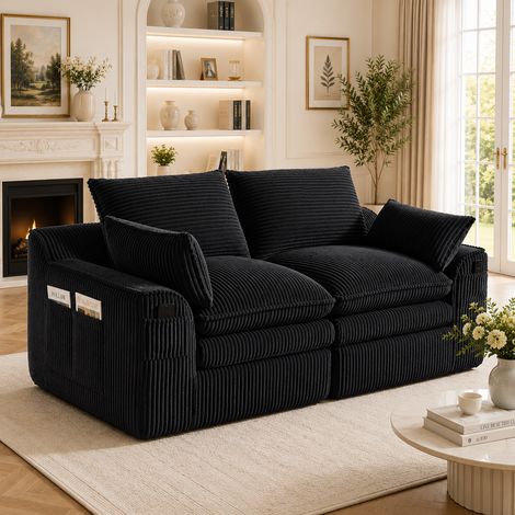 Canapé modulable 2 places velours côtelé coussins poches latérales mousse 3 couches ressorts confort salon bureau noir (1/5)