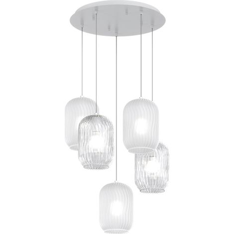 Sospensione Contemporanea Tender Metallo Bianco Vetro Trasp E Bianco 5 Luci E27 (1/3)