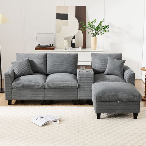 Divano angolare modulare 229x149,5x83 cm in tessuto a coste grigio, con contenitore FloraGrace (1/5)