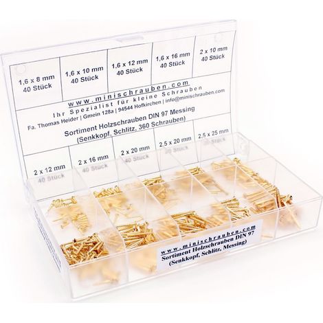 Lot de 360 petites vis à bois selon DIN 97 en laiton (à partir de 1,6 x 8 mm), fente, tête fraisée. Mini vis avec boîte étiquetée (1/4)