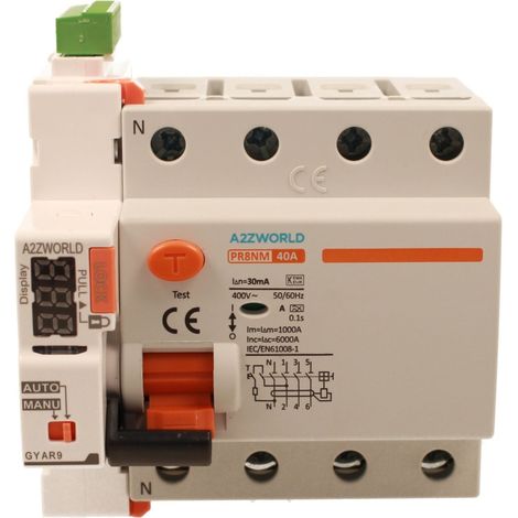 RCCB Interruttore Differenziale Puro Riarmo Automatico, Tipo A 3P+N 5M 6000A 30mA AC 400V IP20 IEC61008-1 PR8NM, Corrente Disponibili 25A 40A 63A  (40A)