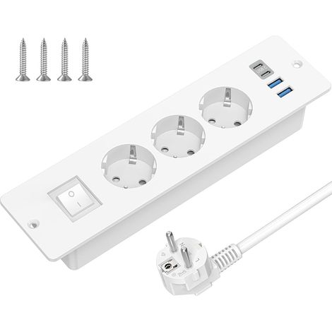 1 Prise Encastrée 7 En 1, Interrupteur, USB-C, USB-A, Câble 2m, Bureau, Salon