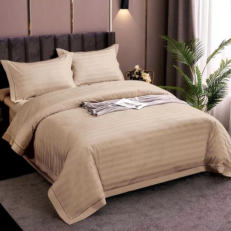 Linge de lit Damas en polycoton cappuccino, 4 pièces, drap-housse 180x200cm, drap de couette 200x230cm et deux taies d'oreiller 50x70cm, pour lit double, DMSP-case-180x200-CAPPUCINO-IMP90 (1/5)