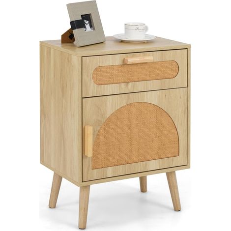 Costway – Table de chevet en bois et rotin – 1 tiroir et placard à porte – Pieds en pin – Style bohème – Dimensions 45x30x61 cm (1/5)