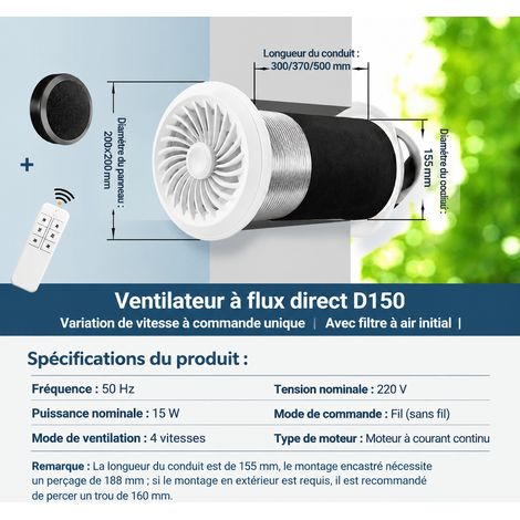 Système de ventilation d'air frais mural D150 soufflage 4 vitesses longueur 300 mm extracteur silencieux 1 g – Livraison gratuite