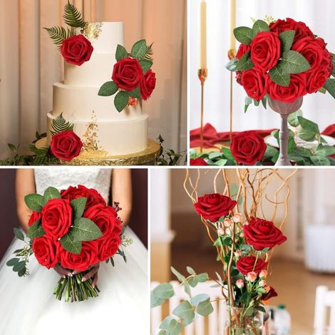 50 roses artificielles rouges avec tiges, bouquet de mariée, compositions florales décoratives pour mariage, centres de table, décoration intérieure (kits floraux DIY) (1/2)