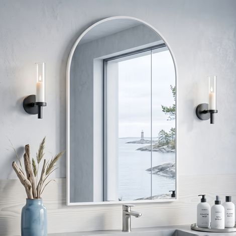Specchio da Parete ad Arco 61x91 cm, Cornice in Alluminio Bianca, Vetro Temperato Infrangibile HD, Design Moderno, per Bagno, Camera da Letto e Ingresso (1/5)