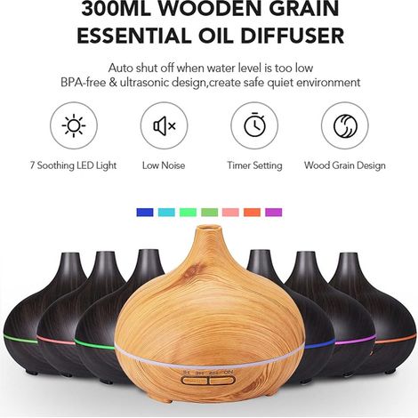 Diffuseur d'huiles essentielles effet bois 300ML, humidificateur ultrasonique avec lumière LED décorative (1/5)