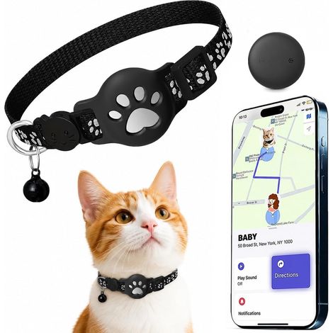 Collier Chat avec GPS localisateur,Fermoir de Sécurité et Sangle élastique,Réfléchissant et Imperméable,Compatible avec iOS(Noir) (1/5)