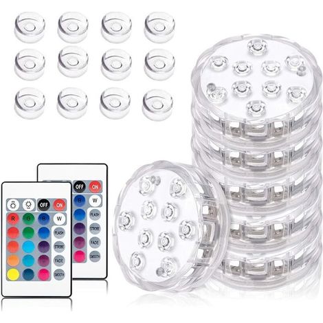 Lot de 6 lampes LED submersibles, 10 LED sous-marines, 16 couleurs RGB, avec 12 ventouses et 1 télécommande RF pour bassin, aquarium, spa, piscine et jardin.-AquaForge