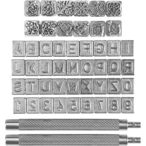 Ensemble de 50 tampons lettres et chiffres, poinçons en cuir alphabet 6 mm, outils de tamponnage en métal à motifs floraux avec poignée (1/5)