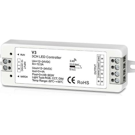 Contrôleur LED 3 canaux V3 2,4 GHz DC12-24 V avec variateur progressif et télécommande pour ruban LED CCT (1/5)