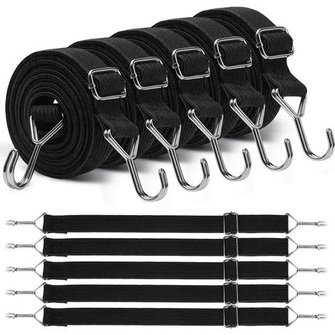 5x Spanngummi mit Haken, 1M Flach, Verstellbar, Schwarz