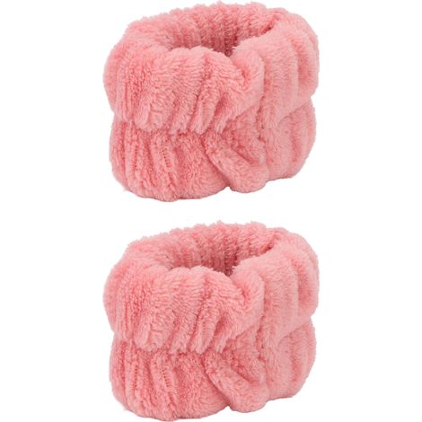 Lot de 2 bandeaux poignets lavage visage, absorption d'eau renforcée, doux et peau délicate, unis rose, serviettes de poignet femme, maison voyage. (1/5)