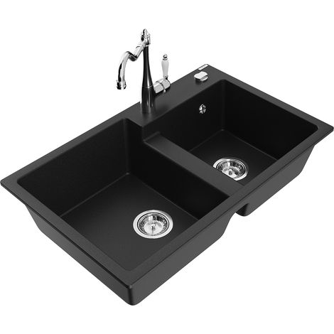 Mexen Tomas fregadero de granito de 2 compartimentos con grifo de cocina Carla, negro - 6516-77-670700-00 (1/5)