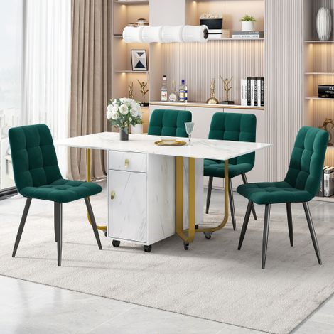 Ensemble de salle à manger, table pliante avec 1 tiroir et 1 porte, table à manger 150x80x76cm à pieds dorés, 4 chaises, vert (1/5)