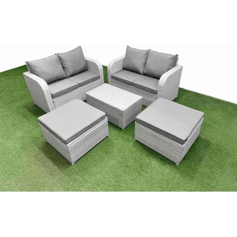 Fimous 6 Seater Outdoor Love Sofa Set Rattan Garden Furniture Set with Rectangular Coffee Table 2 Footstool Light Grey (1/5)