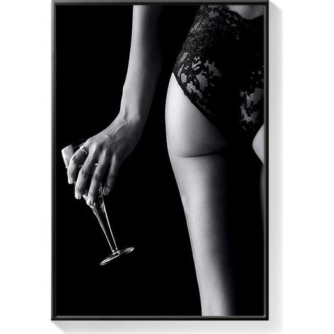 Impression sur toile vintage, Femme tenant un verre de vin rouge, 50 x 70 cm, Décoration murale en noir et blanc (1/4)