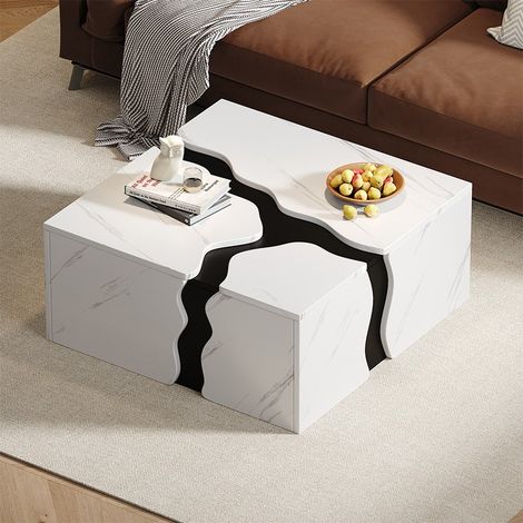 Table Basse 70x70x31 cm avec Design Géométrique, Plateau Effet Marbre et Tiroir de Rangement - Blanc (1/5)