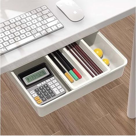 Cajón autoadhesivo blanco para debajo del escritorio: almacenamiento oculto para objetos pequeños, fácil instalación sin necesidad de taladrar, gran capacidad de almacenamiento. (1/5)