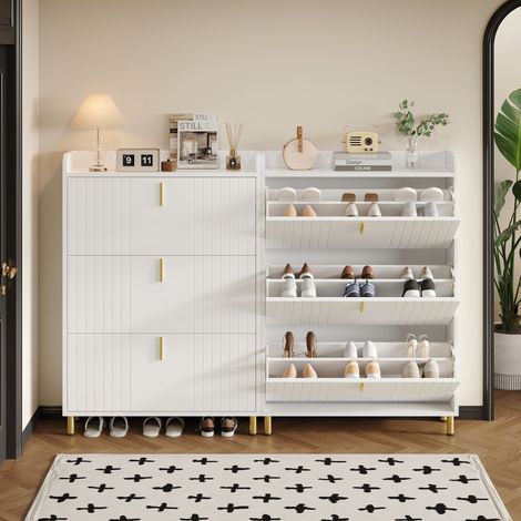 Meuble à chaussures 160x23x123,5 cm, avec 2 casiers à chaussures triples, pieds et poignées en métal doré, dispositif anti-basculement, convient pour entrée et couloir - Blanc (1/5)