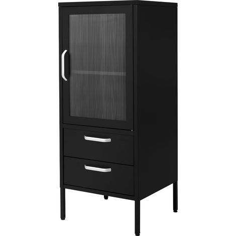ML-Design Vetrina 42x102x40 cm Nera con 2 Ripiani 1 Anta & 2 Cassetti Armadio in Acciaio Stile Industriale per Soggiorno Libreria Archivio Ufficio