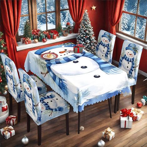 Nappe de Noël classique bleue avec bonhomme de neige, motif original, imperméable, housse de chaise, ensemble TC-60