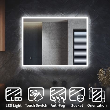 ELEGANT Backlit Bathroom LED Mirror with Shaver Socket 800x600mm Wall Mounted Bathroom Mirror with LED Lights Demister Pad Touch Switch Vertical/Horizontal (1/5)