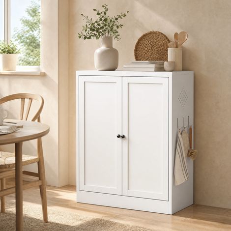 Armario auxiliar de cocina de metal blanco 70x35x88 cm con 2 baldas regulables, ventilación lateral y ganchos exteriores