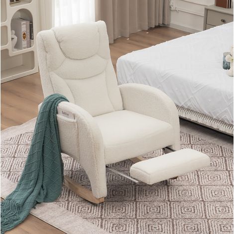 Chaise à bascule en tissu Teddy blanc avec appuie-tête et repose-pieds pliable, 66x125x101 cm (1/5)