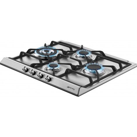 Smeg – Table de cuisson inox 4 foyers 60 cm – Surface en acier inoxydable – Grilles en fonte – Allumage électronique et sécurité gaz intégrée (1/5)