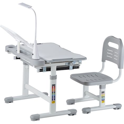 Mophorn Verstellbares Schreibtisch- und Stuhlset für Kinder mit Lampe, geneigter Schreibtischplatte und Höhenverstellung, ideal für Schlafzimmer und Arbeitsbereiche, grau (1/5)