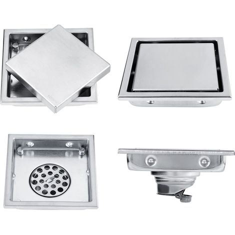 Scarico a pavimento, elegante scarico quadrato in acciaio inox 110x110 mm con griglia antiodore removibile per bagno, cucina e lavanderia. (1/5)