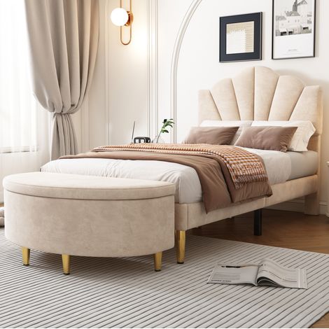 Banco con almacenaje de terciopelo beige, asiento cómodo y gran capacidad, ideal para recibidor, dormitorio y salón, con patas de metal, 90 x 40 x 42 cm, CHICFURN (1/5)