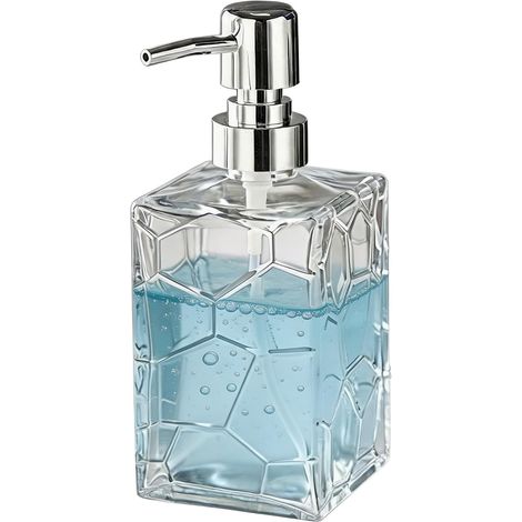 Distributeur de savon carré - 400 ml - Avec design craquelé - Pour salle de bain et cuisine - Moderne - En verre - Distributeur de savon liquide transparent - Pour salle de bain, plan de (1/5)