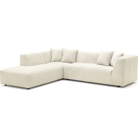 Vente-Unique – Canapé d'angle gauche 6 places en velours côtelé beige – Matelassé, déperlant – Longueur 263 cm, profondeur 233 cm – Confort optimal (1/5)