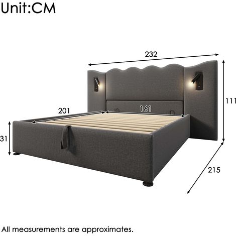 Lit 160x200 cm, sommier à lattes bois massif et métal, gris lin, avec liseuse LED et port USB-C, sans matelas (1/4)
