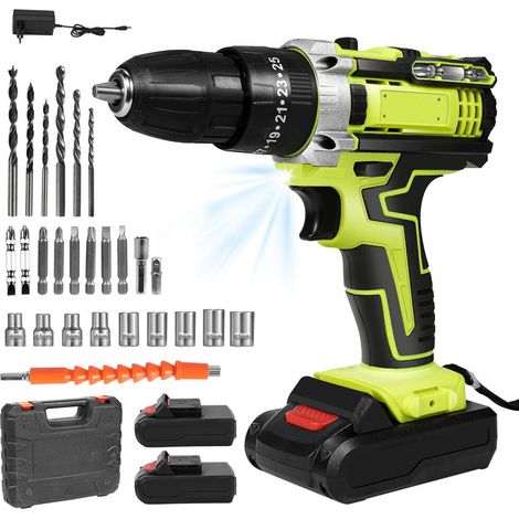 Perceuse Visseuse Sans Fil 21V, Perceuse au lithium avec 2 Batteries, 24 Accessoires, tournevis électrique, 45N.m Percussion, LED (1/5)
