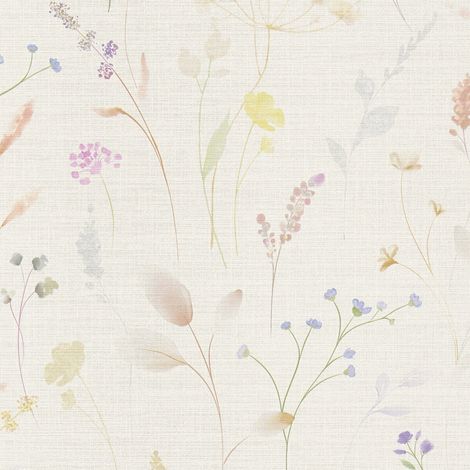 Empapelado estilo country Profhome 791701 papel pintado vinílico estampado en caliente tejido non tejido ligeramente texturado con ornamentos florales mate blanco blanco-crema verde amarillento lila a