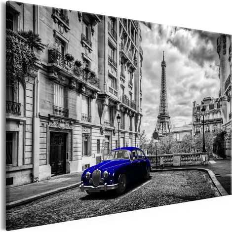 Tableau Voiture à Paris (1 Partie) Bleu Large - 120 x 80 cm (1/4)
