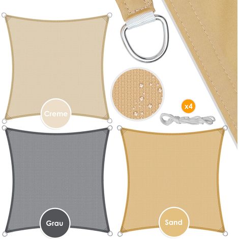KESSER® Sonnensegel Sonnenschutz Windschutz  HDPE Gewebe  wasser-/windabweisend  5-Fach quer vernäht robust & stabil  Creme-Quadrat / 2x2m (1/5)