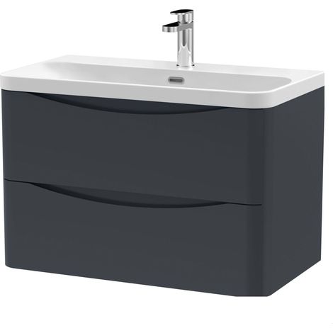 Balterley Dunwood Modern Bathroom Wall Hung 2 Drawer Vanity Unit & Ceramic Basin, Dark Grey, 800mm (1/3)