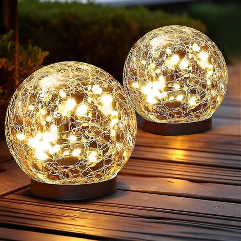 Globes solaires d'extérieur étanches - Globes solaires pour jardin - Boules de verre craquelé - Décorations extérieures pour terrasse - Blanc chaud 2 (1/4)