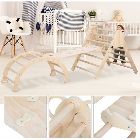 Randaco Ensemble d'Escalade,Charge 60 KG,3 en 1 Triangle d'escalade Enfants avec Rampe Réversible,Naturel,Aire de Jeux Interieure Triangle avec Rampe Arc