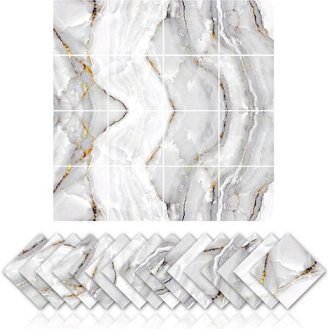 CCYKXA 16 pièces Adhésifs pour carrelage en marbre cuisine et salle de bain autocollants antihuile imperméable PVC autocollant décoration,Simulation adhésif pour carrelage avec design en marbre (15x15